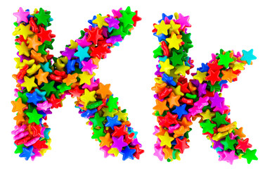 Letter K from colored stars, uppercase and lowercase letters. 3D rendering