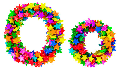 Letter O from colored stars, uppercase and lowercase letters. 3D rendering