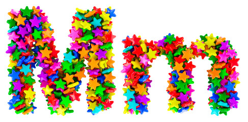 Letter M from colored stars, uppercase and lowercase letters. 3D rendering