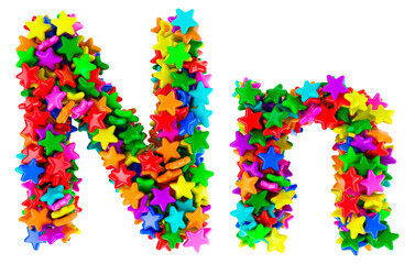 Letter N from colored stars, uppercase and lowercase letters. 3D rendering