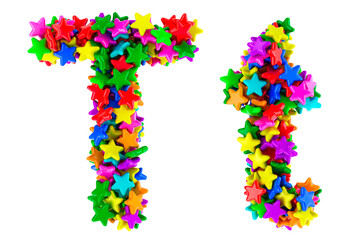Letter T from colored stars, uppercase and lowercase letters. 3D rendering