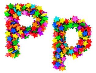 Letter P from colored stars, uppercase and lowercase letters. 3D rendering