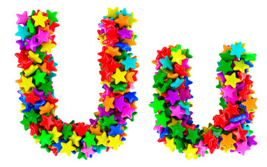 Letter U from colored stars, uppercase and lowercase letters. 3D rendering