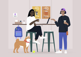 Two millennials chatting at the coffee shop bar counter, a dog-friendly place, modern lifestyle
