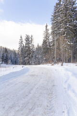 snowy road high in the mountains in February