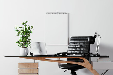 Spiral wall calendar in the office mockup. 3D rendering