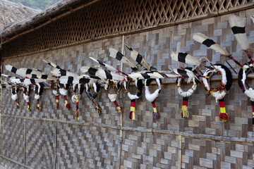 Traditional Naga head gear made of Hornbill feathers hanging on the wall of a traditional Naga hut
