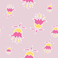 Bright pink minimalistic vector pattern. The ornament is in the form of flowers of delicate pink and yellow flowers with petals consisting of smooth contours. Abstract universal image