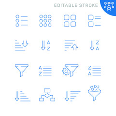Filtering and sorting related icons. Editable stroke. Thin vector icon set