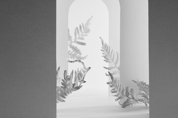 Template scene with white and dark grey silhouette arches, shadows, perspective, leaves fern for presentation, display cosmetic product, design, advertising in natural modern garden style, closeup.