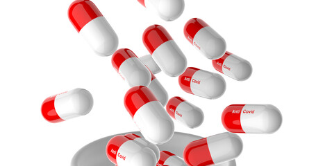 3d render of many white and red pills, close up. Medical concept of Virus Pandemic Protection, Coronavirus COVID-19