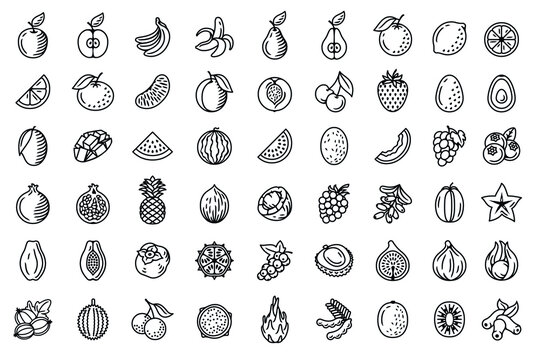 Fruits, exotic fruits and berries icon set. Vector isolated icons. Vintage engraving style. Black on white. Perfect for restaurants, cafe, bars and food courts or any web and app projects. 
