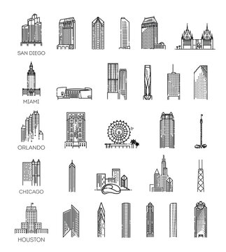 Simple linear Vector icon set representing global tourist american landmarks and travel destinations for vacations