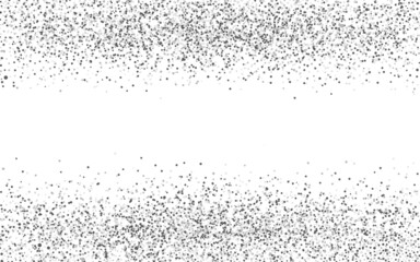 Glitter frame silver on white backdrop. Invitation or greeting card template. Festive silver border. Shiny confetti particles. Christmas falling dust. Vector illustration