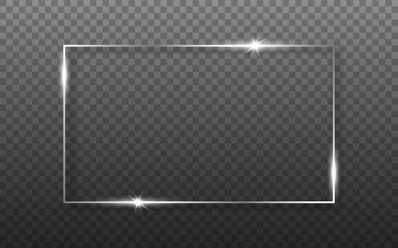Frame silver template. Thin shiny square on transparent background. Silver element for poster or greeting card. Modern shining border. Vector illustration