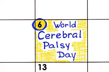 Handwriting reminder World Cerebral Palsy Day in calendar. - obrazy, fototapety, plakaty