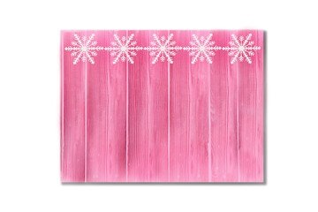 Winter wooden pink rose red magenta nature background with snowflakes top. Texture of painted wood vertical boards on a white background. Christmas, New Year card with copy space.