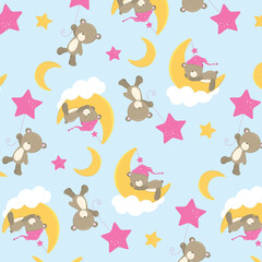 Blue background with teddy bears with stars and moon. prints for children's pajamas.