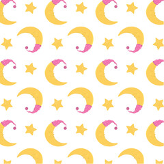 seamless pattern with moon and stars on white background.