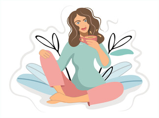 The girl drinks invigorating coffee in home clothes. Illustration of a woman with a cup of coffee, tea, cocoa. The lady sits comfortably flat design with decorative winter bouquet