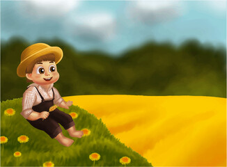 Little farmer with wheatear looking on field