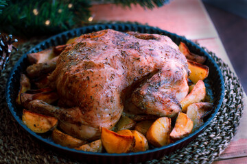 Christmas chicken baked with potatoes, herbs, with the decoration of the set table. Christmas dinner, a festive dish. Side view of the table, close-up. Selective focus