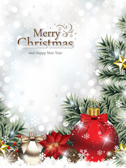 Red and Beige Christmas Balls with Golden Stars, Poinsettia Flower, Pine Cones and Christmas Berries laying in the Snow among Fir Branches