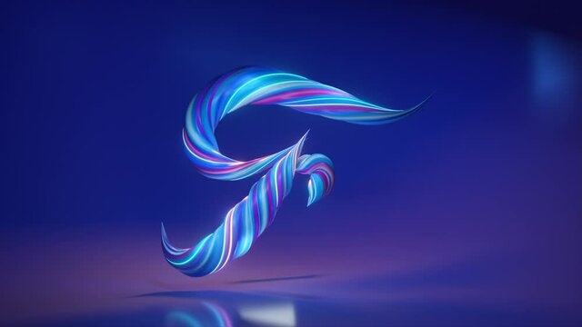 Collection Living Alphabet. Unique twisted letters. Blue. Letter F. 3d animation of seamless loop with alpha matte