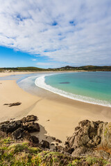 Vertical view of Santa Comba beach. Undeveloped landscape in Ferrol, Northern Spain.
