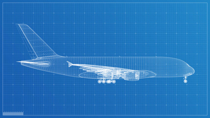 3d wireframe render blueprint design concept for industrial presentation with blue background