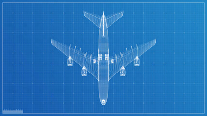 3d wireframe render blueprint design concept for industrial presentation with blue background