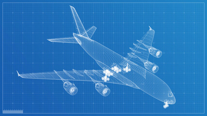 3d wireframe render blueprint design concept for industrial presentation with blue background