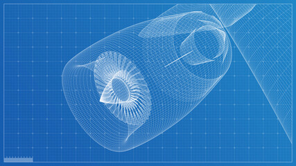 3d wireframe render blueprint design concept for industrial presentation with blue background