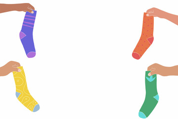 Hands hold trendy socks. Variety of female and kids cotton colorful  socks. Modern sock collection for special occasion. Hand drawn vector illustration for web banner, page header design.