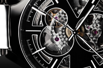 Swiss mechanical skeleton wrist watch, black deal and hands