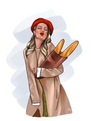A girl with blond wavy hair in a raincoat and a red beret holds a paper bag with a French baguette. French style. Illustration