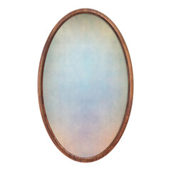 Wooden brown frame. Empty oval frame with colored abstract fill texture isolated on white...