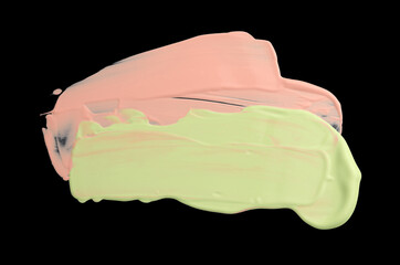 Pink green painting texture smear blot on black background.