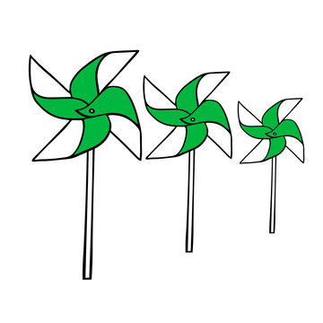 Beautiful hand-drawn black vector illustration of a group green origami paper toy windmills isolated on a white background for coloring book for children