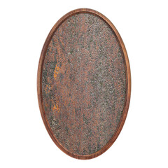 Wooden frame. Empty oval frame with old rusty surface texture isolated on white background. Round...