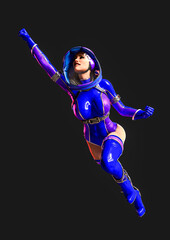 super astronaut girl is flying up like a hero on dark background