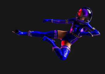 super astronaut girl is jumping and doing a karate kick on dark background