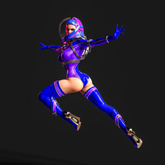 super astronaut girl is jumping in action on dark background