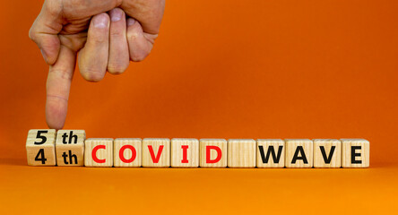 Symbol for a fifth wave of the covid-19 corona virus. Doctors turns cubes and changes words 4th...