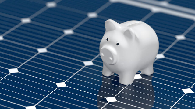 Solar panel with piggy bank. Savings concept. 3d illustration.
