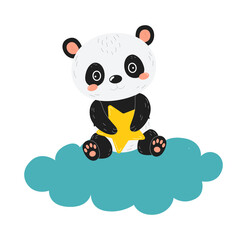 Panda on cloud. Animal sits in sky with star in its hands. Graphic elements for website, dream metaphor. Picture for printing on bed linen. Sweet dream, space. Cartoon flat vector illustration