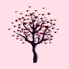 A tree with heart-shaped leaves on a light pink background