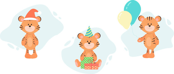 Tiger party, new year 2022 tiger, cute illustration,  chinese new year, flat style