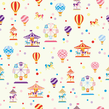 Vector Fun Fair, Carrousel, Hot air Balloons and Ferris wheels seamless pattern background. Perfect for fabric, scrapbooking, wallpaper projects