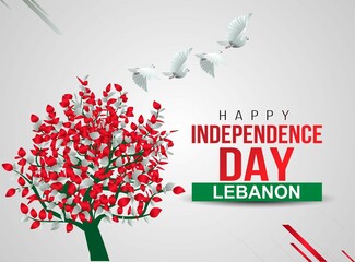 happy independence day Lebanon. tree and Lebanon flag with flying pigeon. vector illustration design - obrazy, fototapety, plakaty